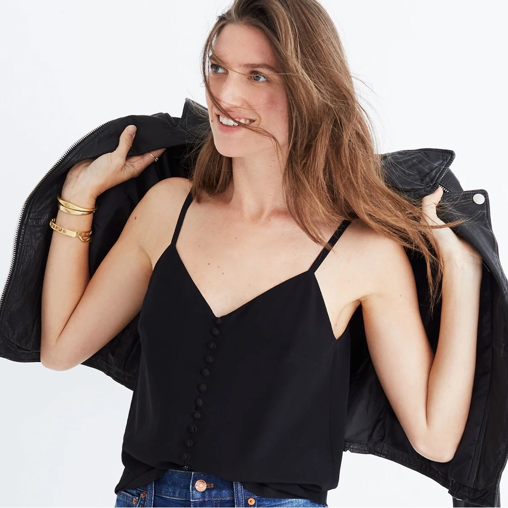 NWT Madewell Silk Button-Down Cami Black Tank Top Size 2 New